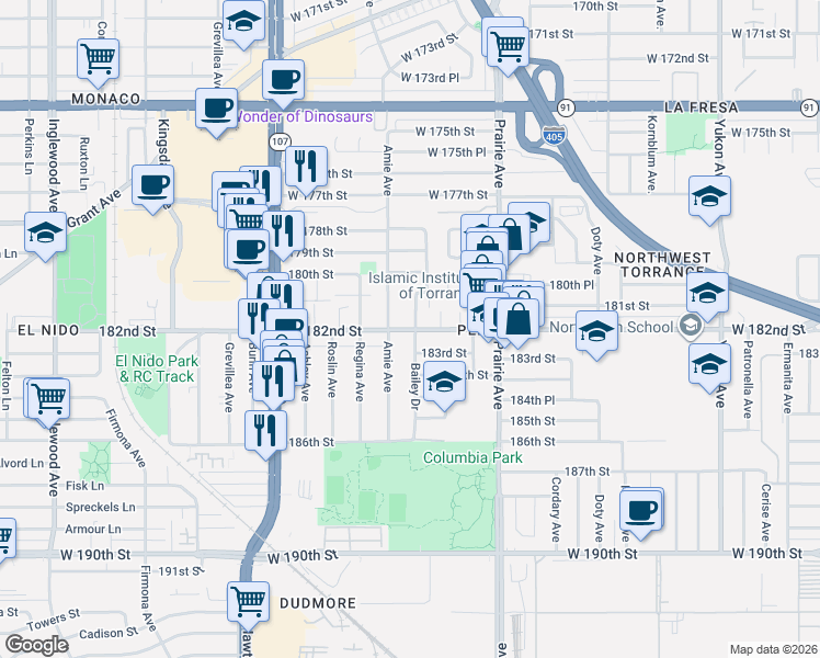 map of restaurants, bars, coffee shops, grocery stores, and more near 4122 West 182nd Street in Torrance