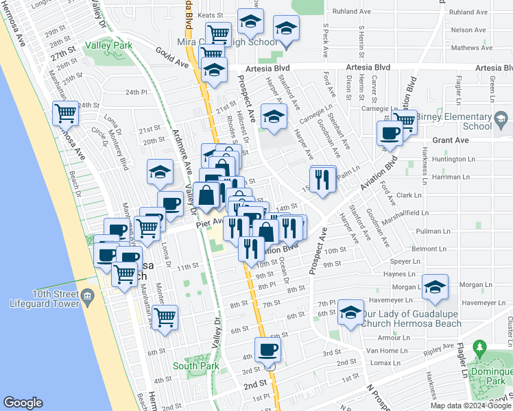 map of restaurants, bars, coffee shops, grocery stores, and more near 900 15th Street in Hermosa Beach