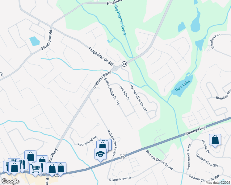 map of restaurants, bars, coffee shops, grocery stores, and more near 2530 Falcon Ridge Drive Southwest in Grayson