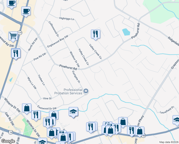 map of restaurants, bars, coffee shops, grocery stores, and more near 2290 Roxboro Drive in Snellville