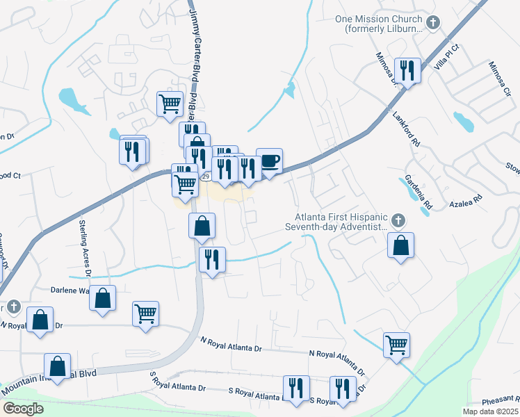 map of restaurants, bars, coffee shops, grocery stores, and more near 5090 Leeshire Trace in Tucker