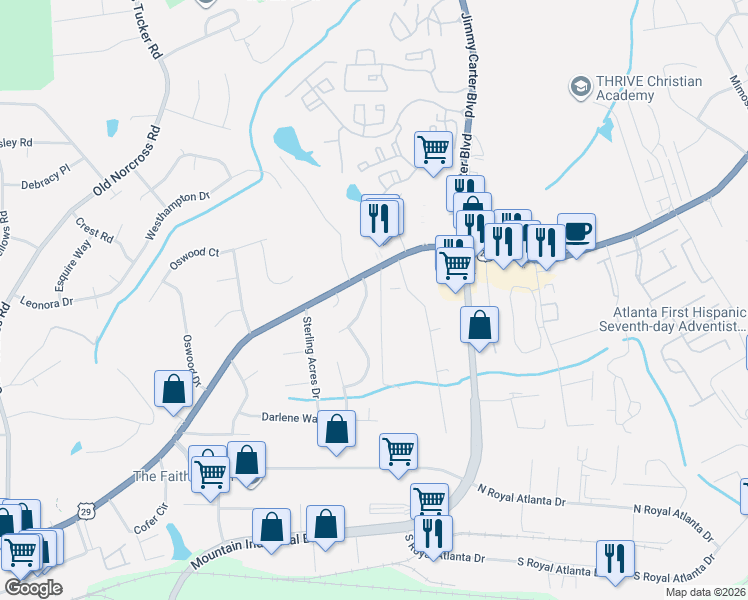 map of restaurants, bars, coffee shops, grocery stores, and more near 2699 Summit Hills Drive in Tucker