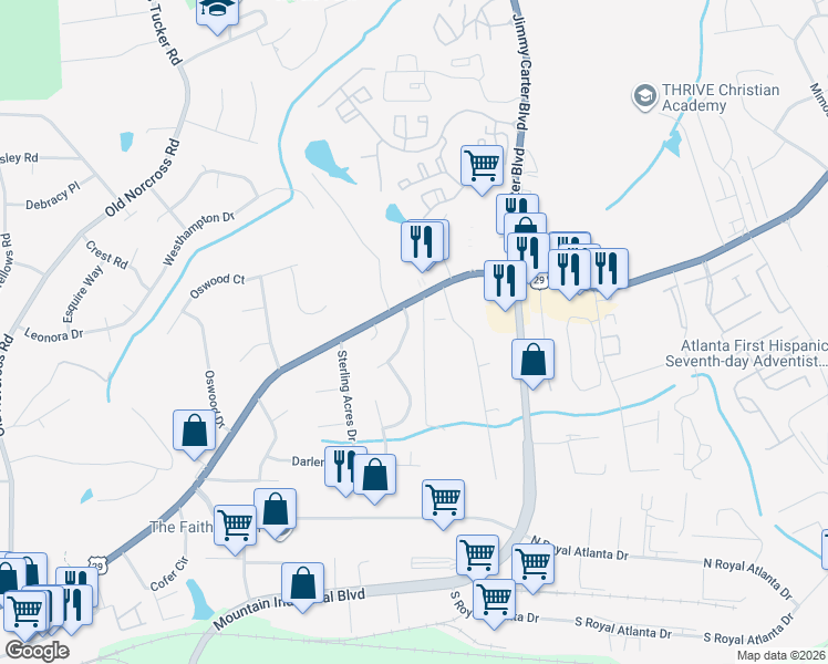 map of restaurants, bars, coffee shops, grocery stores, and more near 2699 Summit Hills Drive in Tucker