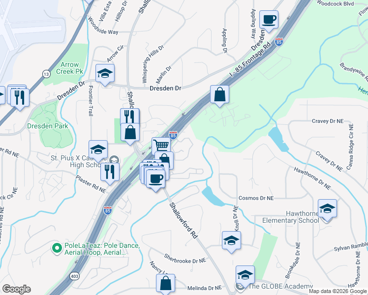 map of restaurants, bars, coffee shops, grocery stores, and more near 8306 Peachtree Creek Circle in Atlanta