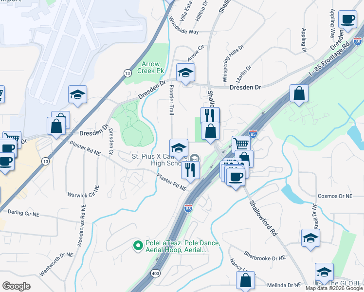 map of restaurants, bars, coffee shops, grocery stores, and more near 2672 Frontier Trail in Chamblee