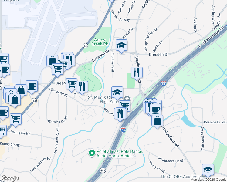 map of restaurants, bars, coffee shops, grocery stores, and more near 2698 Frontier Trail in Atlanta