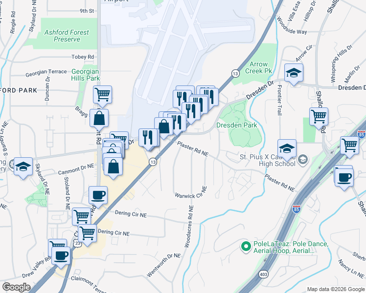 map of restaurants, bars, coffee shops, grocery stores, and more near 2128 Plaster Road Northeast in Atlanta