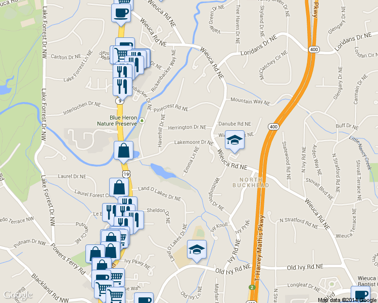 map of restaurants, bars, coffee shops, grocery stores, and more near 4044 Emma Lane Northeast in Atlanta
