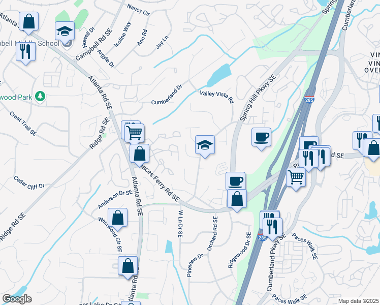 map of restaurants, bars, coffee shops, grocery stores, and more near 3673 Gatehurst Court Southeast in Smyrna