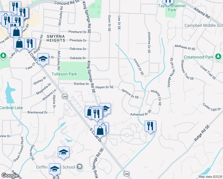 map of restaurants, bars, coffee shops, grocery stores, and more near 1314 Hayes Drive Southeast in Smyrna