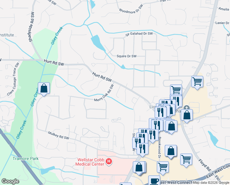 map of restaurants, bars, coffee shops, grocery stores, and more near 1729 Merry Oak Road Southwest in Marietta