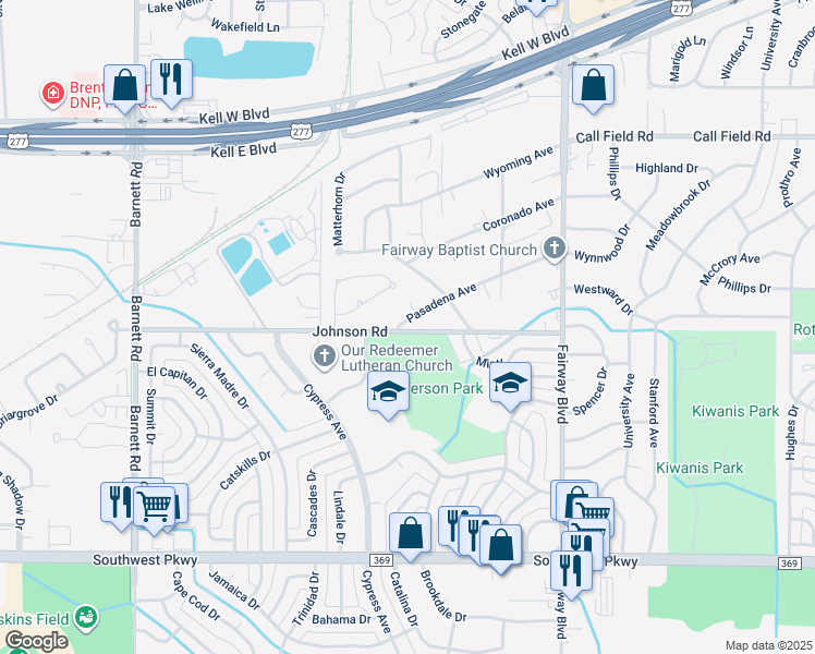 map of restaurants, bars, coffee shops, grocery stores, and more near 4808 Johnson Road in Wichita Falls