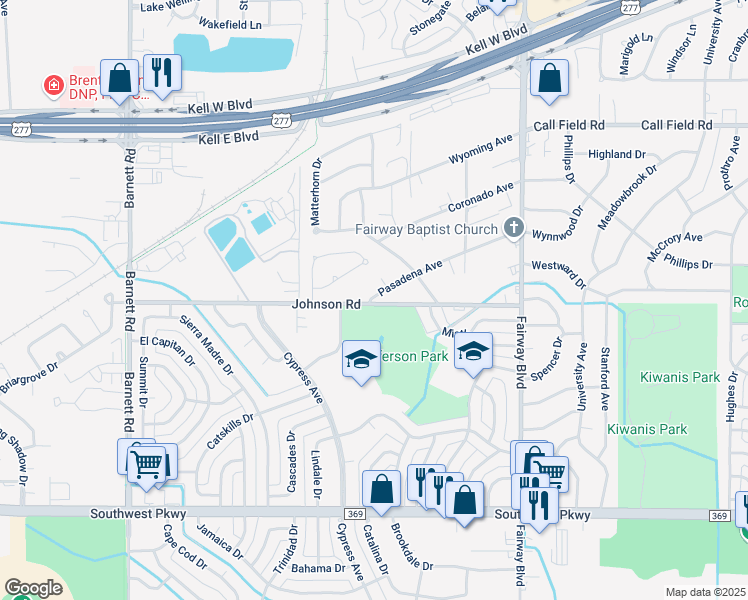 map of restaurants, bars, coffee shops, grocery stores, and more near 4814 Pasadena Avenue in Wichita Falls