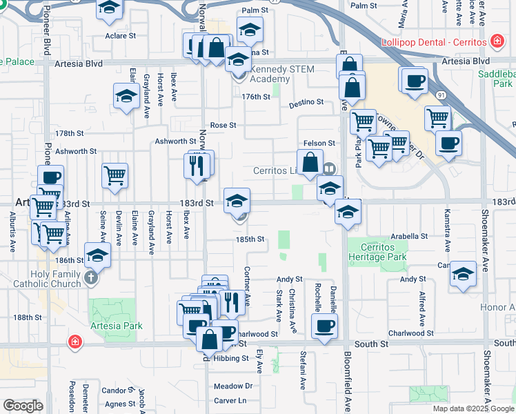 map of restaurants, bars, coffee shops, grocery stores, and more near 12337 La Jara Lane in Cerritos