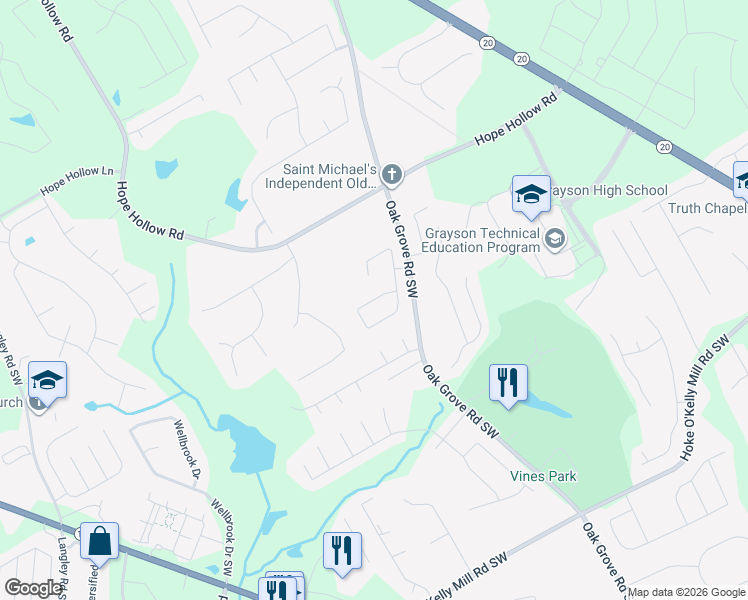 map of restaurants, bars, coffee shops, grocery stores, and more near Battlement Circle Southwest in Loganville