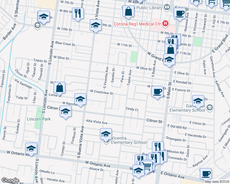 map of restaurants, bars, coffee shops, grocery stores, and more near 733 West Crestview Street in Corona