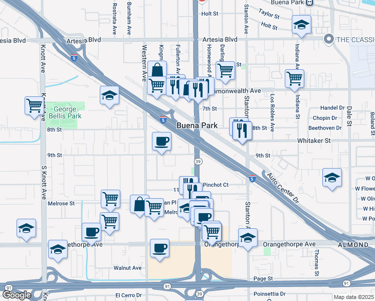 map of restaurants, bars, coffee shops, grocery stores, and more near 7699 9th Street in Buena Park