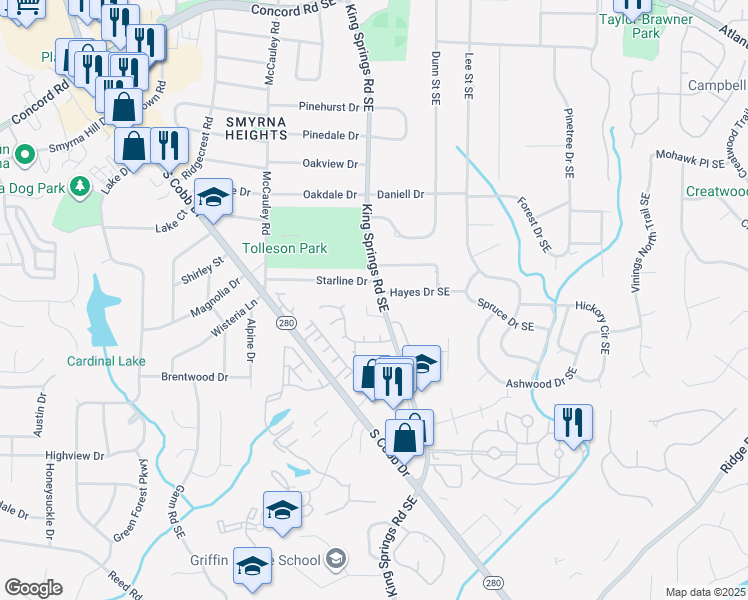 map of restaurants, bars, coffee shops, grocery stores, and more near 1235 King Springs Court Southeast in Smyrna