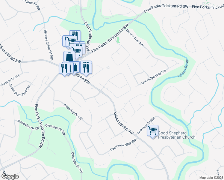 map of restaurants, bars, coffee shops, grocery stores, and more near 3541 Graham Way Southwest in Lilburn