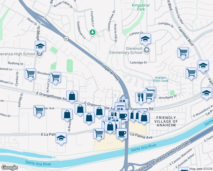 map of restaurants, bars, coffee shops, grocery stores, and more near 5498 East Willow Woods Lane in Anaheim
