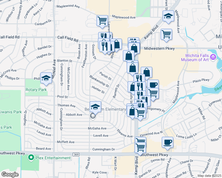 map of restaurants, bars, coffee shops, grocery stores, and more near 4321 Faith Road in Wichita Falls
