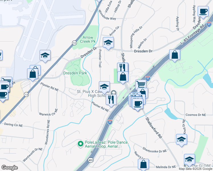 map of restaurants, bars, coffee shops, grocery stores, and more near 2672 Frontier Trail in Chamblee