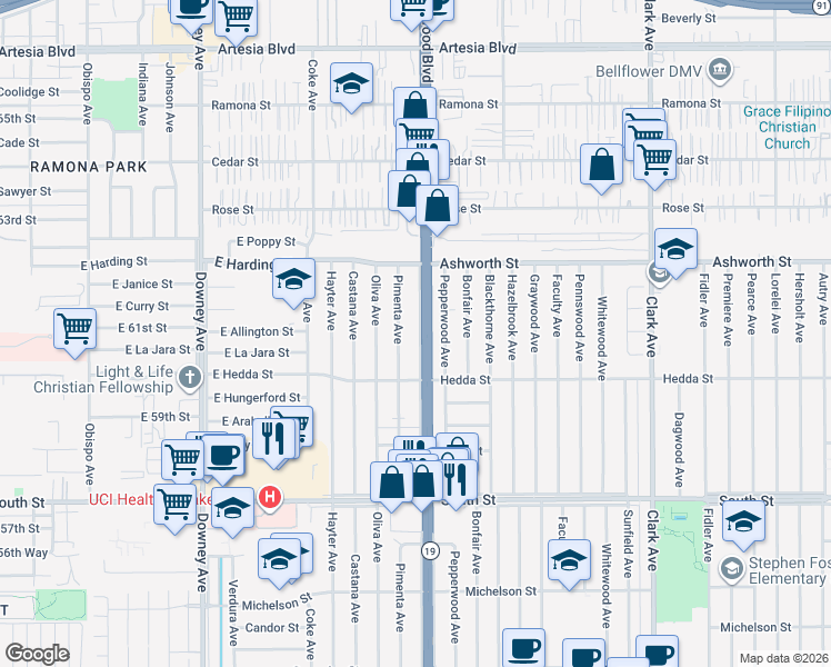 map of restaurants, bars, coffee shops, grocery stores, and more near 6053 Lakewood Boulevard in Lakewood