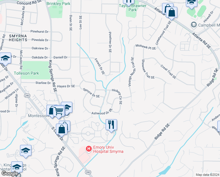 map of restaurants, bars, coffee shops, grocery stores, and more near 3597 Hickory Circle Southeast in Smyrna
