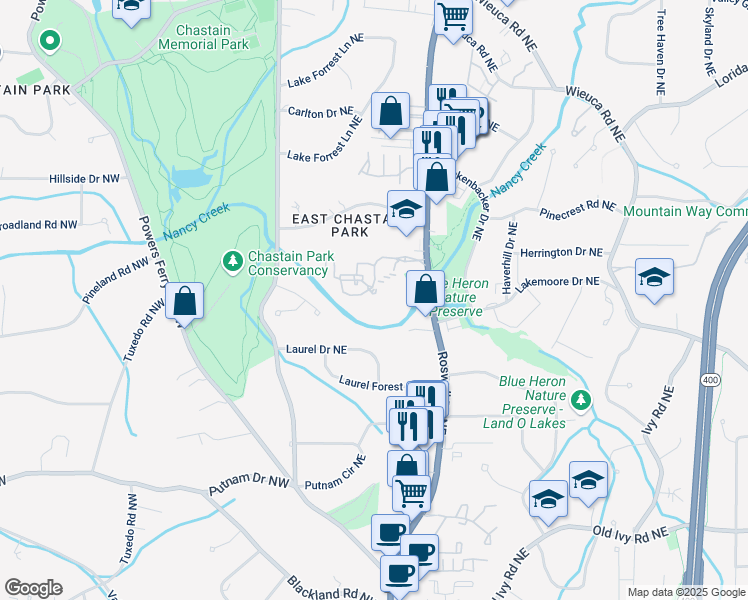 map of restaurants, bars, coffee shops, grocery stores, and more near 3411 Chastain Drive Northeast in Atlanta