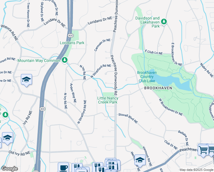 map of restaurants, bars, coffee shops, grocery stores, and more near 821 Camden Park Court in Atlanta