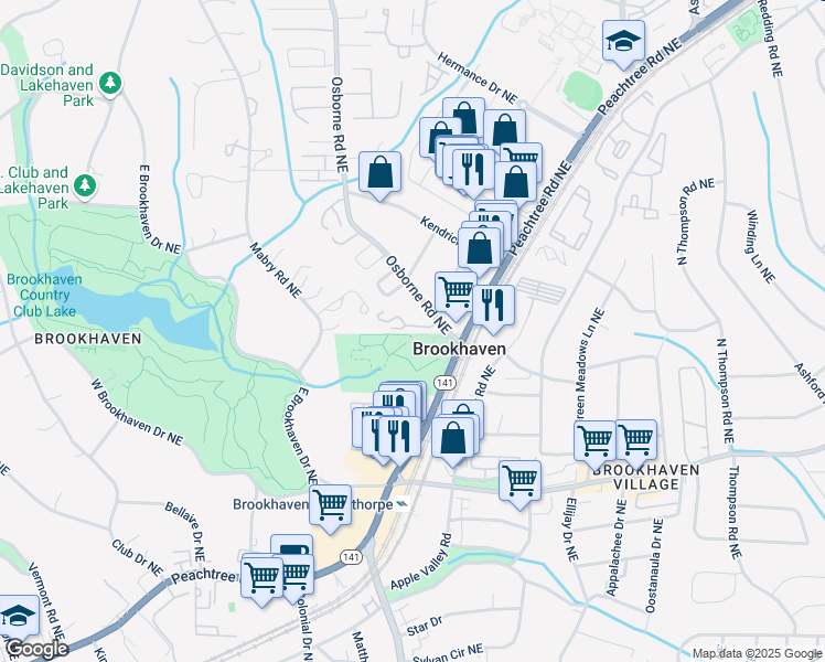 map of restaurants, bars, coffee shops, grocery stores, and more near 1220 Brookhaven Park Place Northeast in Atlanta
