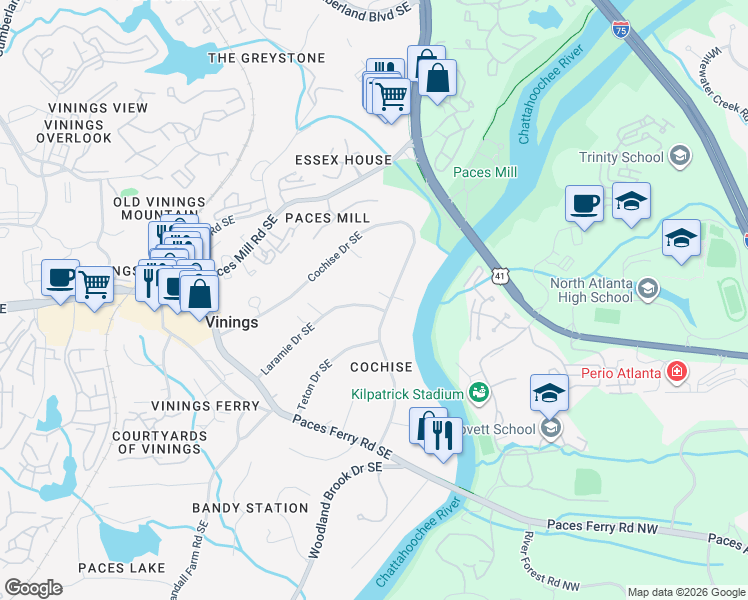 map of restaurants, bars, coffee shops, grocery stores, and more near 3275 Laramie Drive Southeast in Atlanta