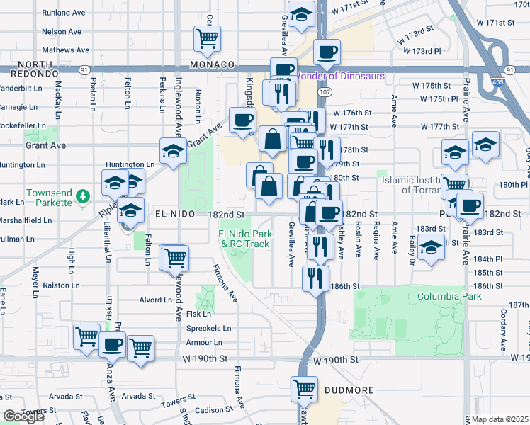 map of restaurants, bars, coffee shops, grocery stores, and more near 2909 182nd Street in Redondo Beach