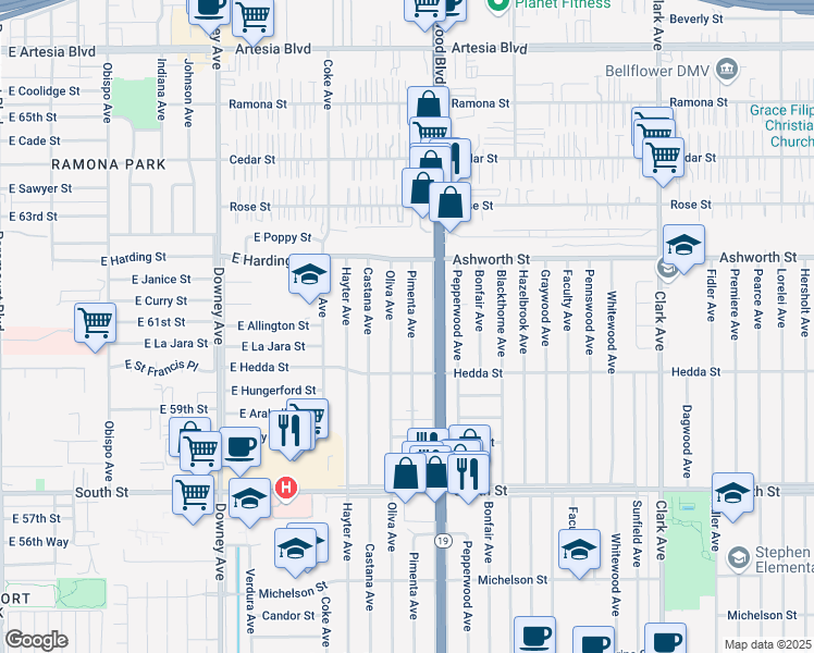 map of restaurants, bars, coffee shops, grocery stores, and more near 6053 Pimenta Avenue in Lakewood