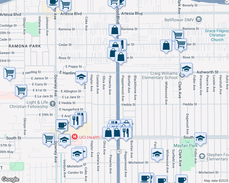 map of restaurants, bars, coffee shops, grocery stores, and more near 6053 Lakewood Boulevard in Lakewood