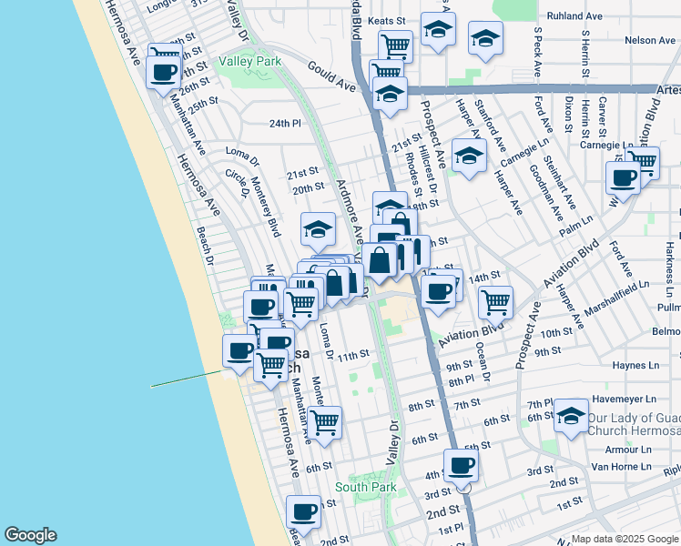 map of restaurants, bars, coffee shops, grocery stores, and more near 531 Pier Avenue in Hermosa Beach