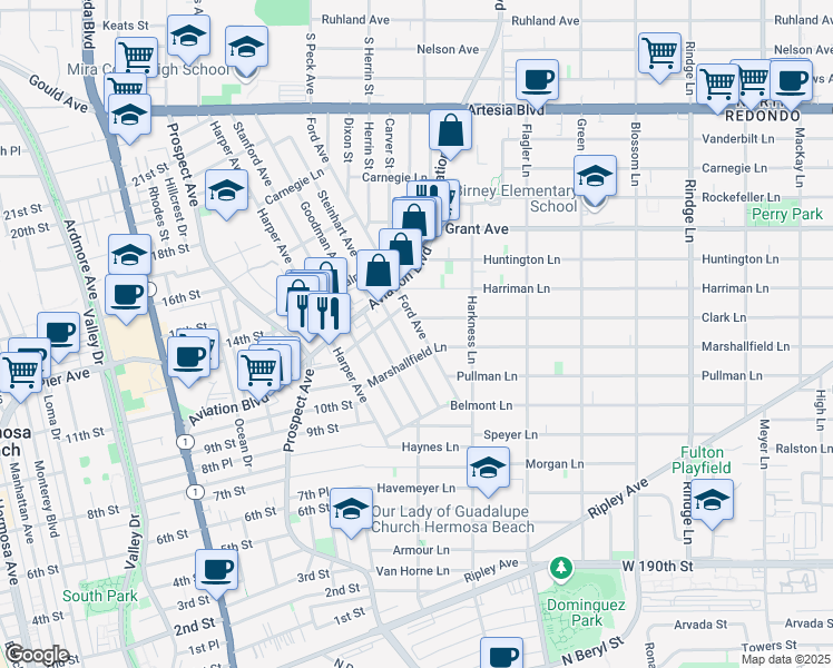 map of restaurants, bars, coffee shops, grocery stores, and more near 1209 Ford Avenue in Redondo Beach