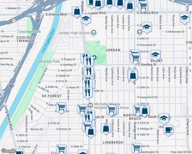 map of restaurants, bars, coffee shops, grocery stores, and more near 6100 Lime Avenue in Long Beach