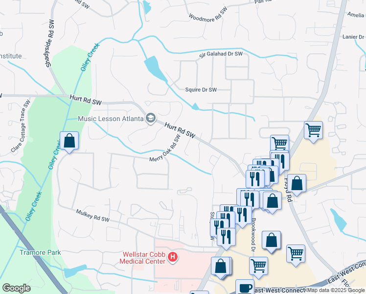 map of restaurants, bars, coffee shops, grocery stores, and more near 1729 Merry Oak Road Southwest in Marietta