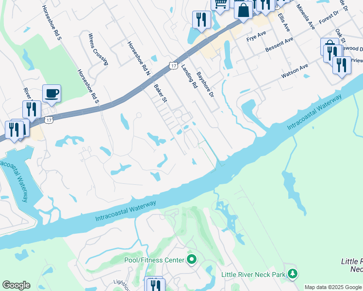 map of restaurants, bars, coffee shops, grocery stores, and more near 4359 River Gate Lane in Little River