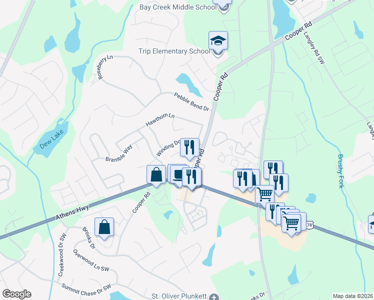 map of restaurants, bars, coffee shops, grocery stores, and more near 1134 Stony Point in Grayson