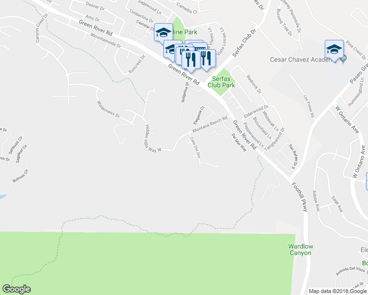map of restaurants, bars, coffee shops, grocery stores, and more near 2664 Camino Del Ninos in Corona