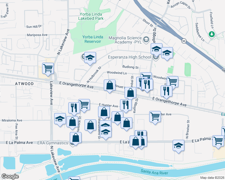 map of restaurants, bars, coffee shops, grocery stores, and more near 18511 East Orangethorpe Avenue in Anaheim