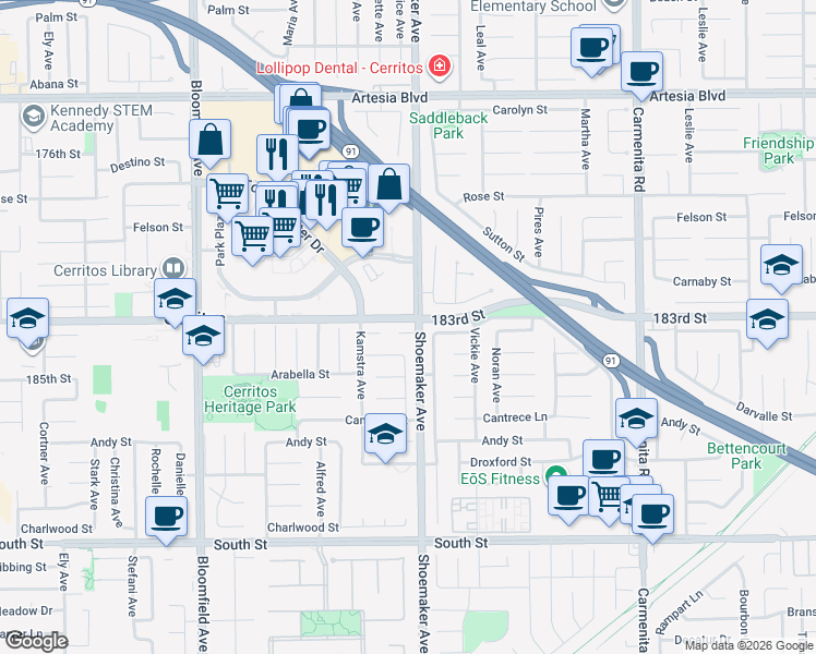 map of restaurants, bars, coffee shops, grocery stores, and more near 12939 Guadalajara Circle in Cerritos
