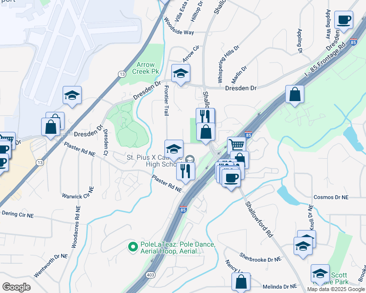map of restaurants, bars, coffee shops, grocery stores, and more near 2666 Frontier Trail in Chamblee