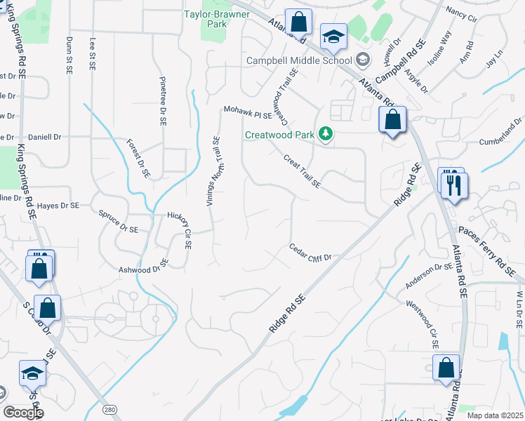 map of restaurants, bars, coffee shops, grocery stores, and more near 3463 Cedar Valley Court in Smyrna