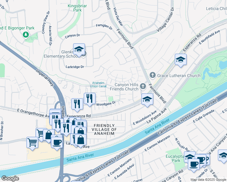 map of restaurants, bars, coffee shops, grocery stores, and more near 20162 Westwind Court in Yorba Linda