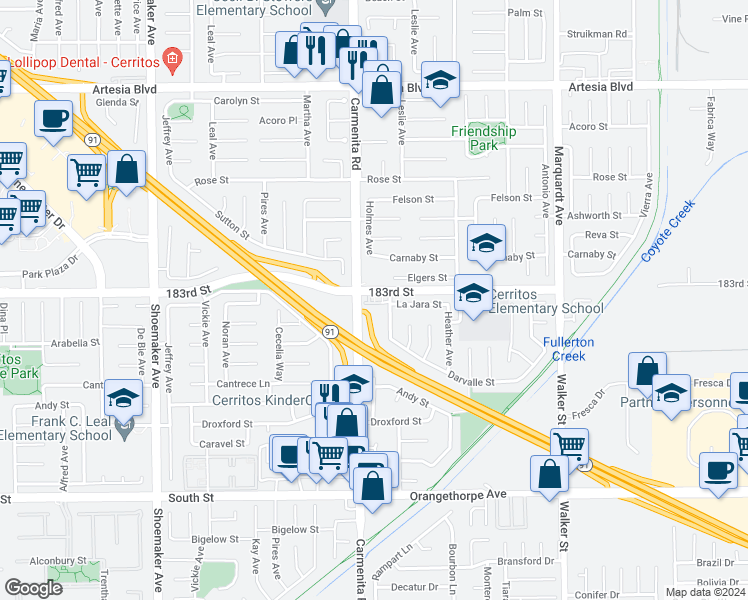 map of restaurants, bars, coffee shops, grocery stores, and more near 13425 Cascade Court in Cerritos
