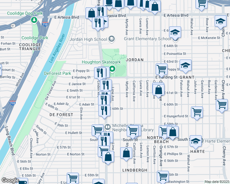 map of restaurants, bars, coffee shops, grocery stores, and more near 6100 Lime Avenue in Long Beach