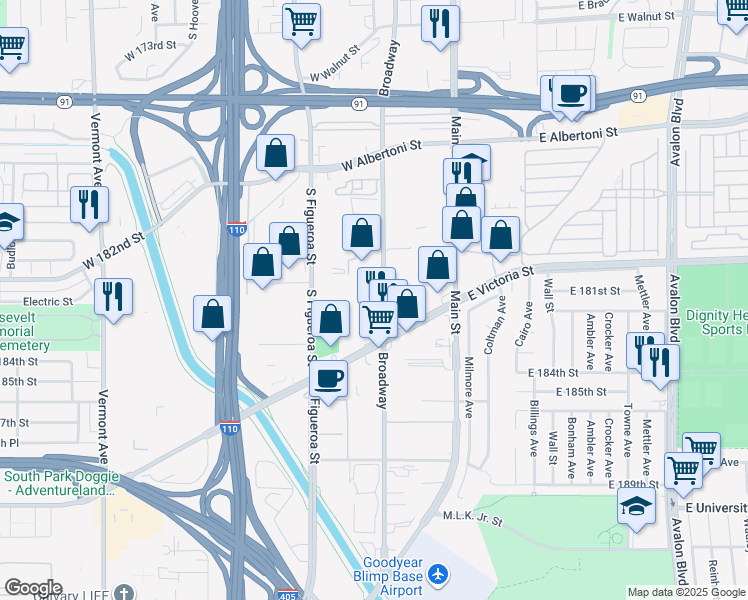 map of restaurants, bars, coffee shops, grocery stores, and more near 18121 South Broadway in Gardena